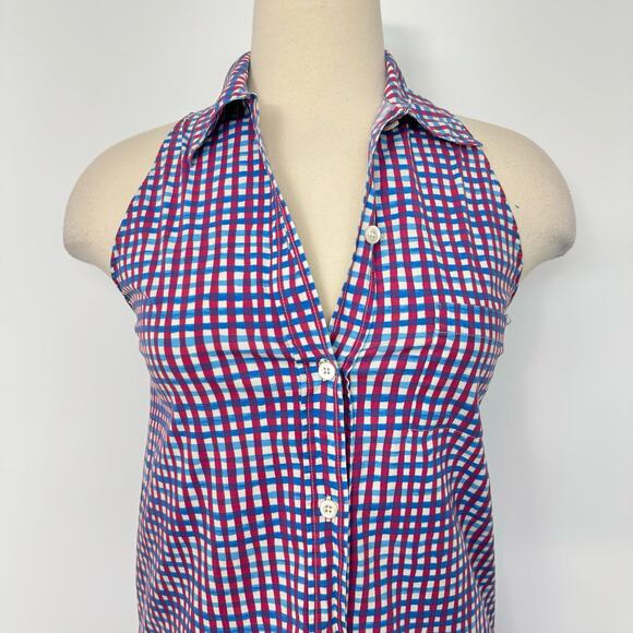 Prada Gingham Print Cotton Button-Down Sleeveless Shirt Top Red/White/Blue US 2 - Picture 2 of 10
